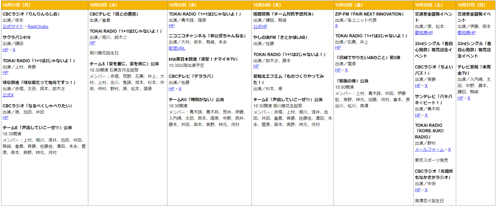 SKE48 10/21～週間予定表