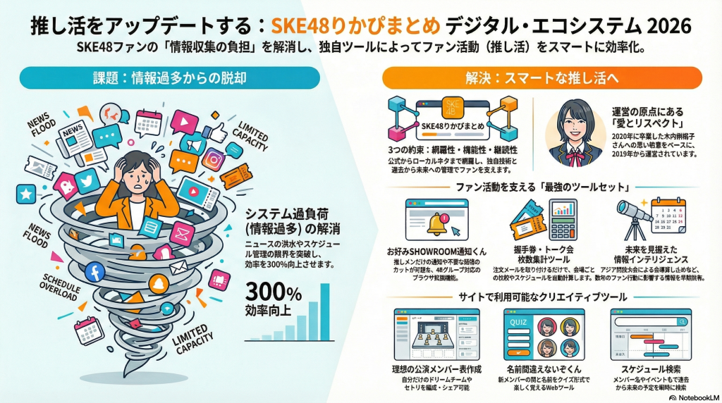 推し活をアップデートする「SKE48りかぴまとめ デジタル・エコシステム 2026」の解説図。情報過多に悩むファンの課題を、SHOWROOM通知や握手券集計などの独自ツール群で解決し、効率を300%向上させる仕組みを紹介しています。
