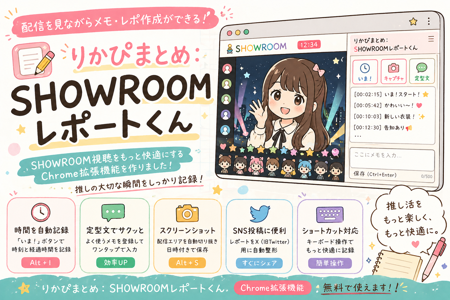 【自作ツール】りかぴまとめ：SHOWROOMレポートくん を作りました！！配信を見ながらメモできるChrome拡張